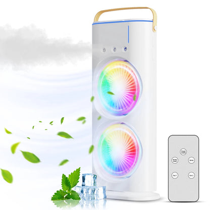Dual Head Spray Tower Fan with Control Mist Humidifier Rechargeable Desk Fan with 3 Wind Speed for Home Office Travel Camping