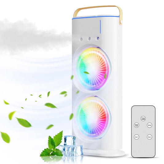 Dual Head Spray Tower Fan with Control Mist Humidifier Rechargeable Desk Fan with 3 Wind Speed for Home Office Travel Camping