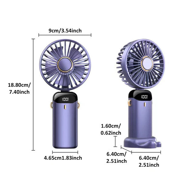 Mini Portable Handheld Fan Foldable Neck Hanging Fans 5 Level Speed USB Rechargeable Fan with Phone Stand and Display Screen
