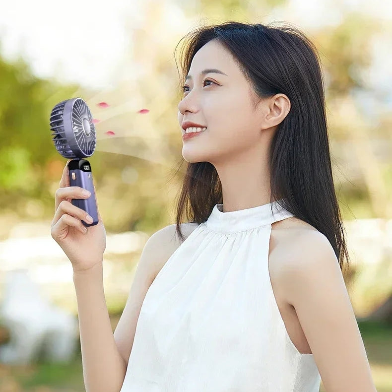Mini Portable Handheld Fan Foldable Neck Hanging Fans 5 Level Speed USB Rechargeable Fan with Phone Stand and Display Screen
